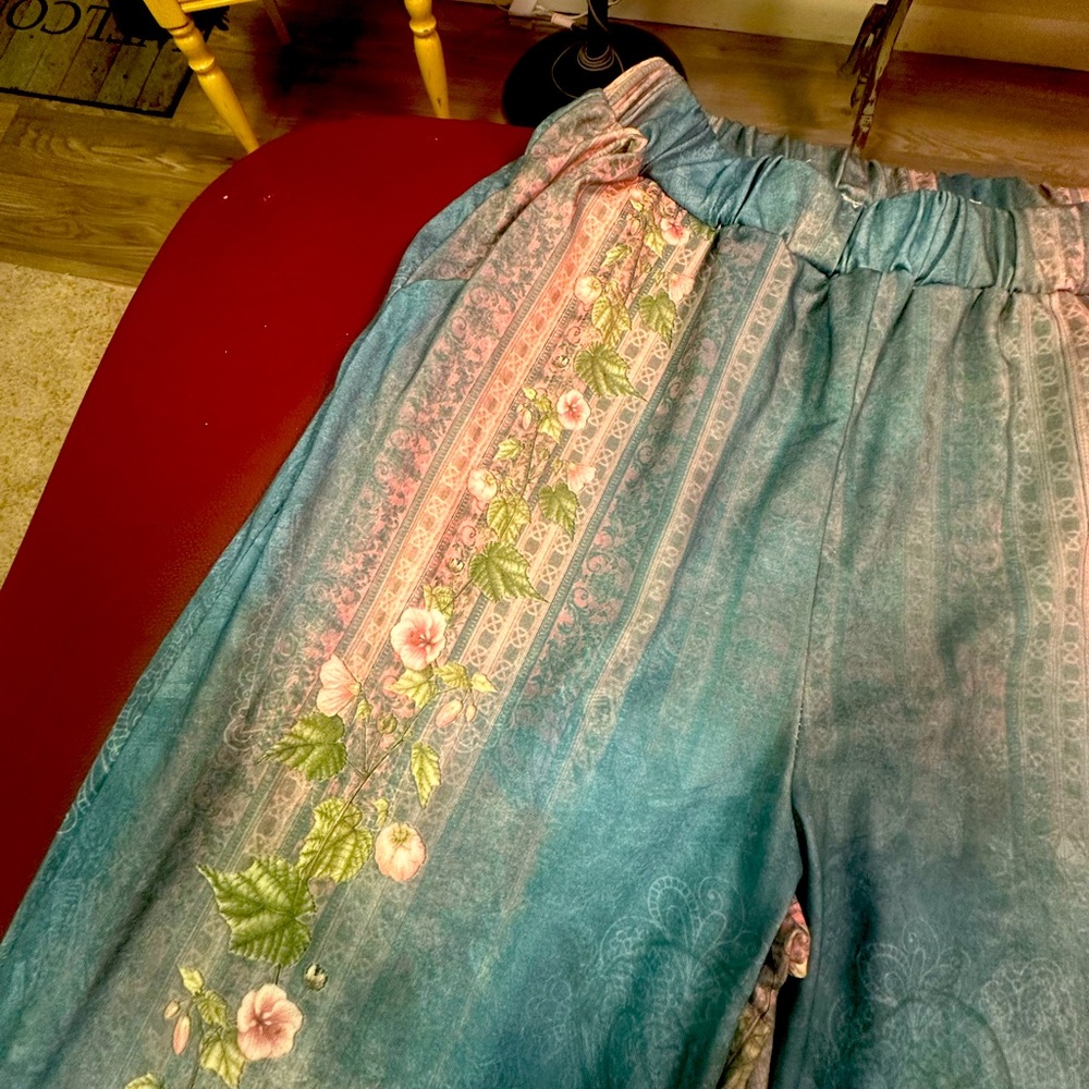 Floral Patterned Blue and Pink Pants